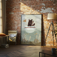 Bear Fishing Illustration Aesthetic Wall Print
