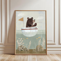 Bear Fishing Illustration Aesthetic Wall Print