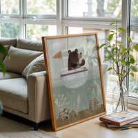 Bear Fishing Illustration Aesthetic Wall Print