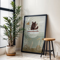Bear Fishing Illustration Aesthetic Wall Print