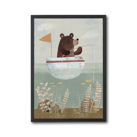 Bear Fishing Illustration Aesthetic Wall Print