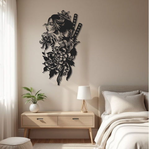 Geisha With Katana Metal Wall Art