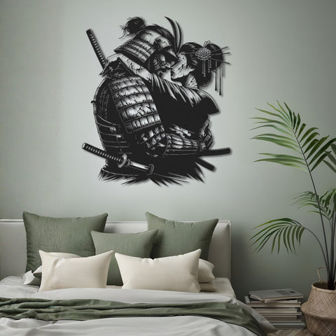 Japanese Samurai & Geisha Embrace Metal Wall Art