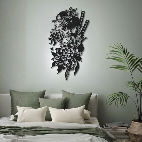 Geisha With Katana Metal Wall Art