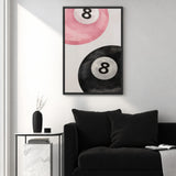 Billiards Minimalist Wall Art – Pink and Black 8 Ball Still Life