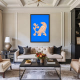 Bird Botanical Line Art Wall Art – Cream and Orange on Bright Blue