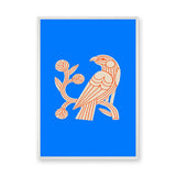 Bird Botanical Line Art Wall Art – Cream and Orange on Bright Blue