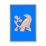 Bird Botanical Line Art Wall Art – Cream and Orange on Bright Blue
