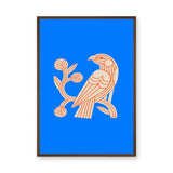 Bird Botanical Line Art Wall Art – Cream and Orange on Bright Blue