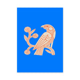 Bird Botanical Line Art Wall Art – Cream and Orange on Bright Blue