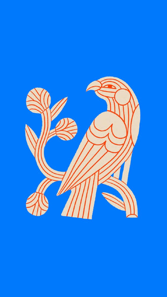 Bird Botanical Line Art Wall Art – Cream and Orange on Bright Blue