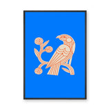 Bird Botanical Line Art Wall Art – Cream and Orange on Bright Blue