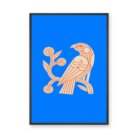 Bird Botanical Line Art Wall Art – Cream and Orange on Bright Blue