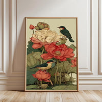 Birds and Lotus Flowers Aesthetic Wall Print Décor Poster Print