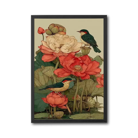Birds and Lotus Flowers Aesthetic Wall Print Décor Poster Print