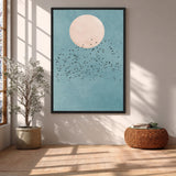 Birds and Moon Minimalist Wall Art – Flock Beneath a Cream Moon
