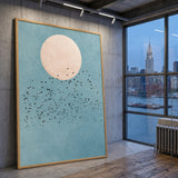 Birds and Moon Minimalist Wall Art – Flock Beneath a Cream Moon