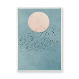 Birds and Moon Minimalist Wall Art – Flock Beneath a Cream Moon