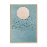 Birds and Moon Minimalist Wall Art – Flock Beneath a Cream Moon