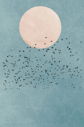 Birds and Moon Minimalist Wall Art – Flock Beneath a Cream Moon