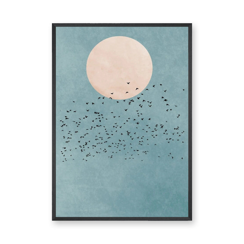 Birds and Moon Minimalist Wall Art – Flock Beneath a Cream Moon