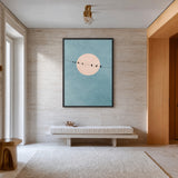 Birds on Wire Minimalist Wall Art – Pale Moon in Textured Teal Sky