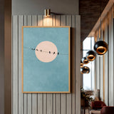Birds on Wire Minimalist Wall Art – Pale Moon in Textured Teal Sky