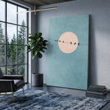 Birds on Wire Minimalist Wall Art – Pale Moon in Textured Teal Sky