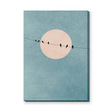 Birds on Wire Minimalist Wall Art – Pale Moon in Textured Teal Sky
