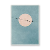 Birds on Wire Minimalist Wall Art – Pale Moon in Textured Teal Sky