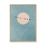 Birds on Wire Minimalist Wall Art – Pale Moon in Textured Teal Sky