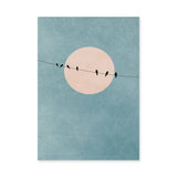 Birds on Wire Minimalist Wall Art – Pale Moon in Textured Teal Sky