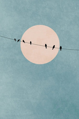 Birds on Wire Minimalist Wall Art – Pale Moon in Textured Teal Sky