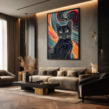 Black Cat Abstract Line Art Wall Art – Colorful Flowing Contour Portrait