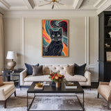 Black Cat Abstract Line Art Wall Art – Colorful Flowing Contour Portrait