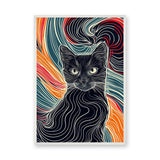 Black Cat Abstract Line Art Wall Art – Colorful Flowing Contour Portrait