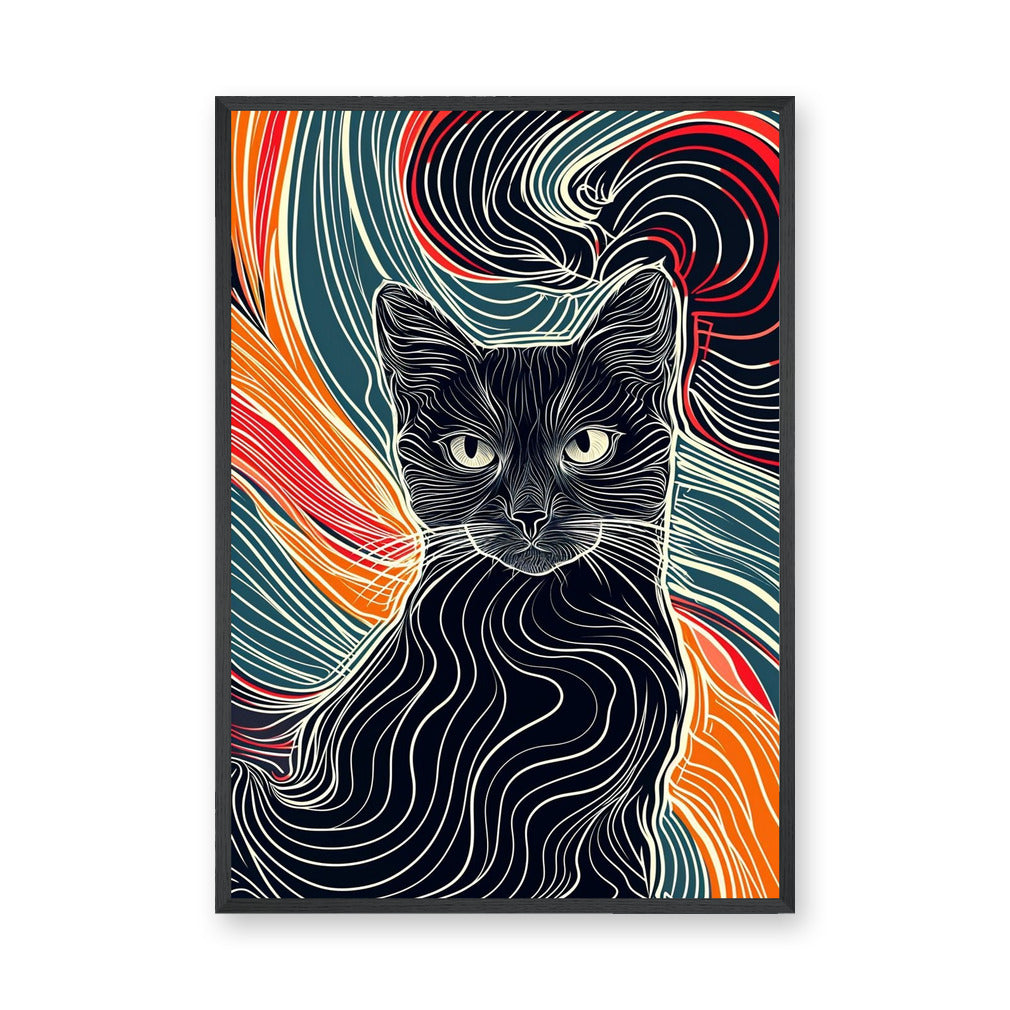 Black Cat Abstract Line Art Wall Art – Colorful Flowing Contour Portrait