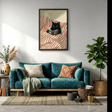 Black Cat Boho Wall Art – Reading Book in Red-Striped Bed