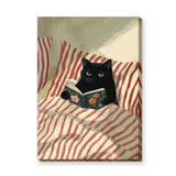 Black Cat Boho Wall Art – Reading Book in Red-Striped Bed