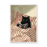 Black Cat Boho Wall Art – Reading Book in Red-Striped Bed