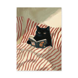 Black Cat Boho Wall Art – Reading Book in Red-Striped Bed