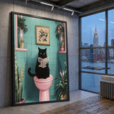 Black Cat Retro Wall Art – Newspaper Reader in a Teal Bathroom