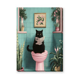 Black Cat Retro Wall Art – Newspaper Reader in a Teal Bathroom