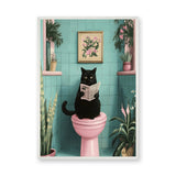 Black Cat Retro Wall Art – Newspaper Reader in a Teal Bathroom