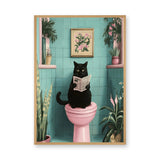 Black Cat Retro Wall Art – Newspaper Reader in a Teal Bathroom