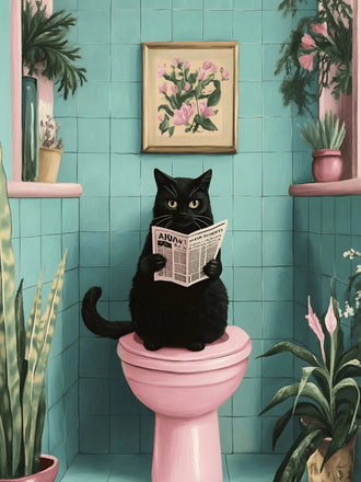 Black Cat Retro Wall Art – Newspaper Reader in a Teal Bathroom