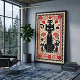 Black Cats Botanical Boho Wall Art – Red Flower Folk Garden Print