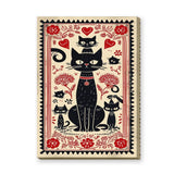 Black Cats Botanical Boho Wall Art – Red Flower Folk Garden Print