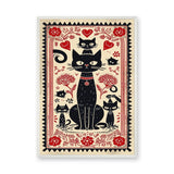 Black Cats Botanical Boho Wall Art – Red Flower Folk Garden Print