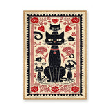 Black Cats Botanical Boho Wall Art – Red Flower Folk Garden Print